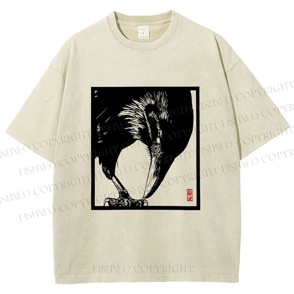 Unisex Vintage Crow Printed Washed Tee