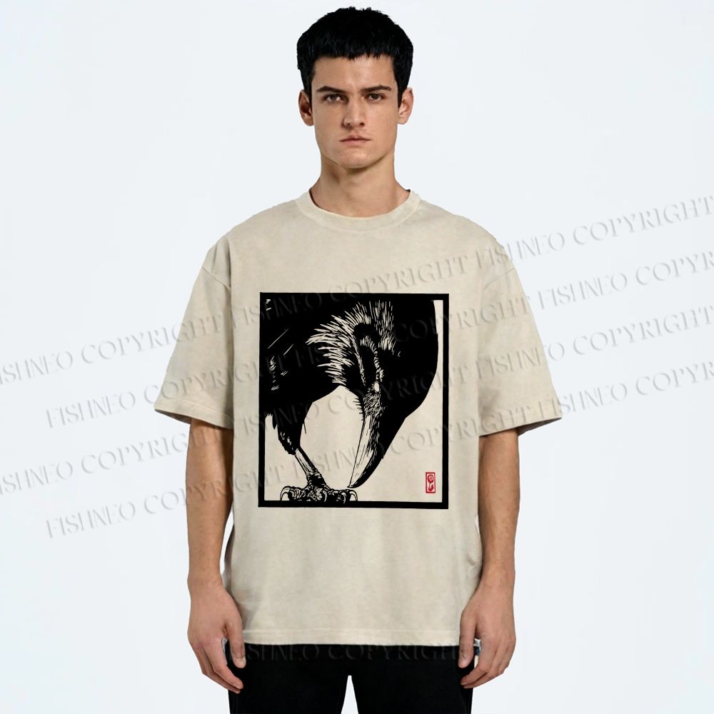 Unisex Vintage Crow Printed Washed Tee