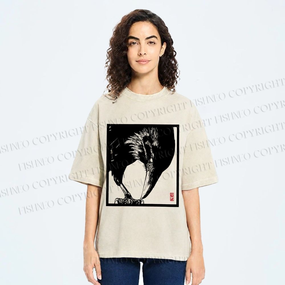 Unisex Vintage Crow Printed Washed Tee