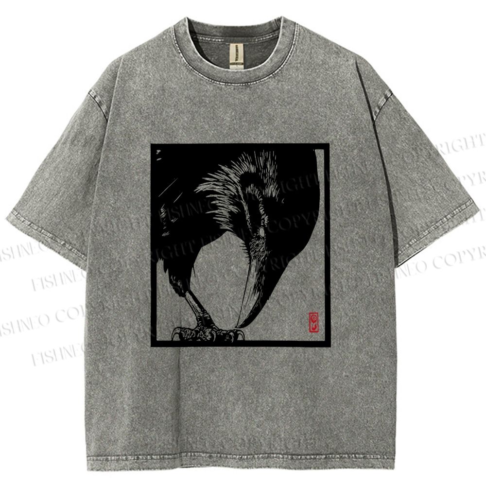 Unisex Vintage Crow Printed Washed Tee