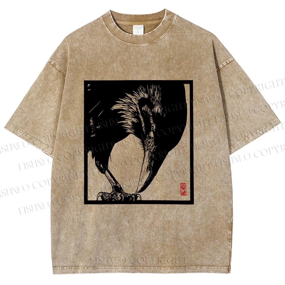 Unisex Vintage Crow Printed Washed Tee