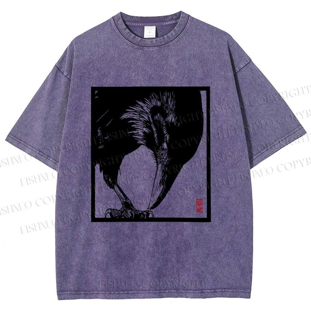 Unisex Vintage Crow Printed Washed Tee