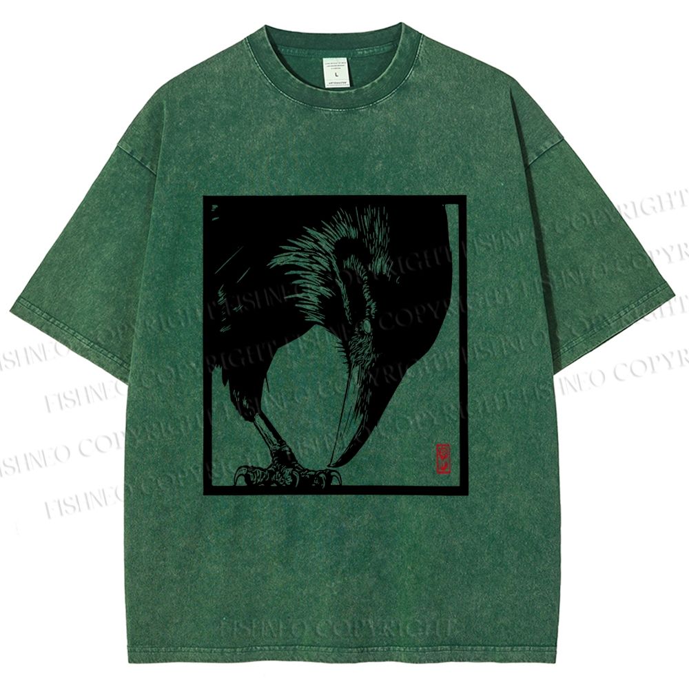 Unisex Vintage Crow Printed Washed Tee