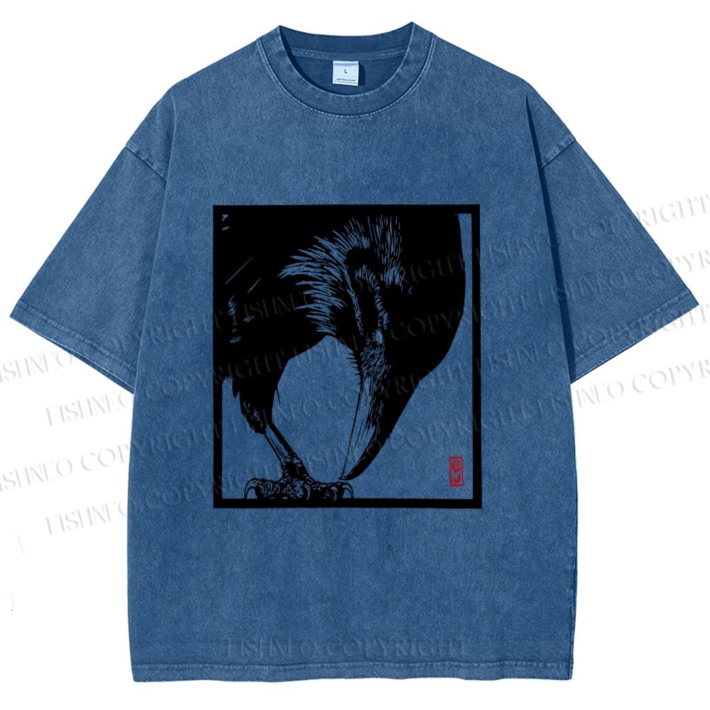 Unisex Vintage Crow Printed Washed Tee