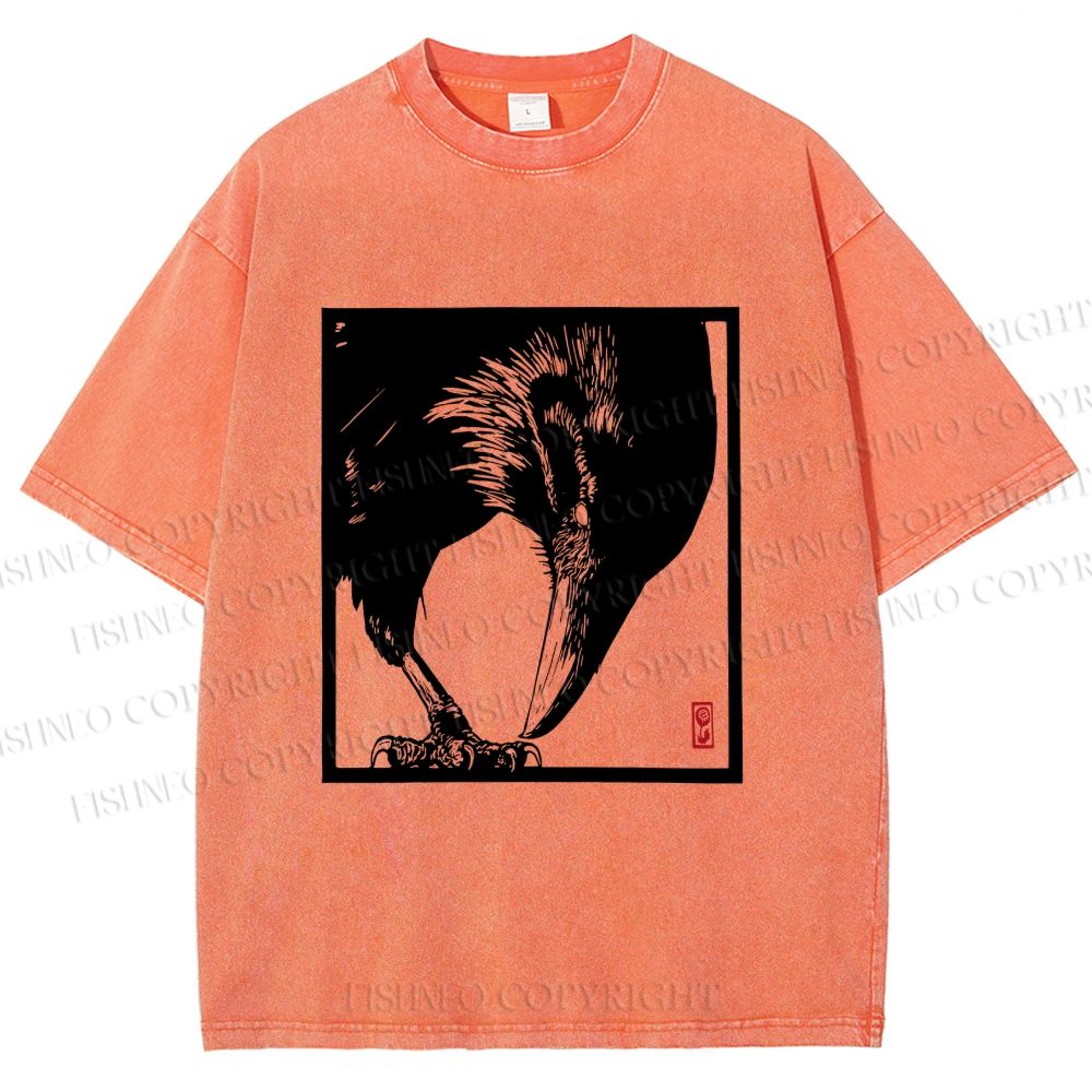 Unisex Vintage Crow Printed Washed Tee