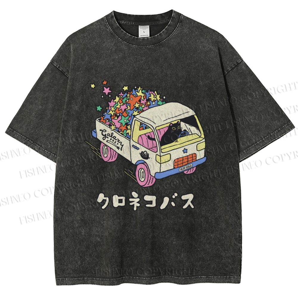 Unisex Black Cat Delivers Stars Printed Washed Tee