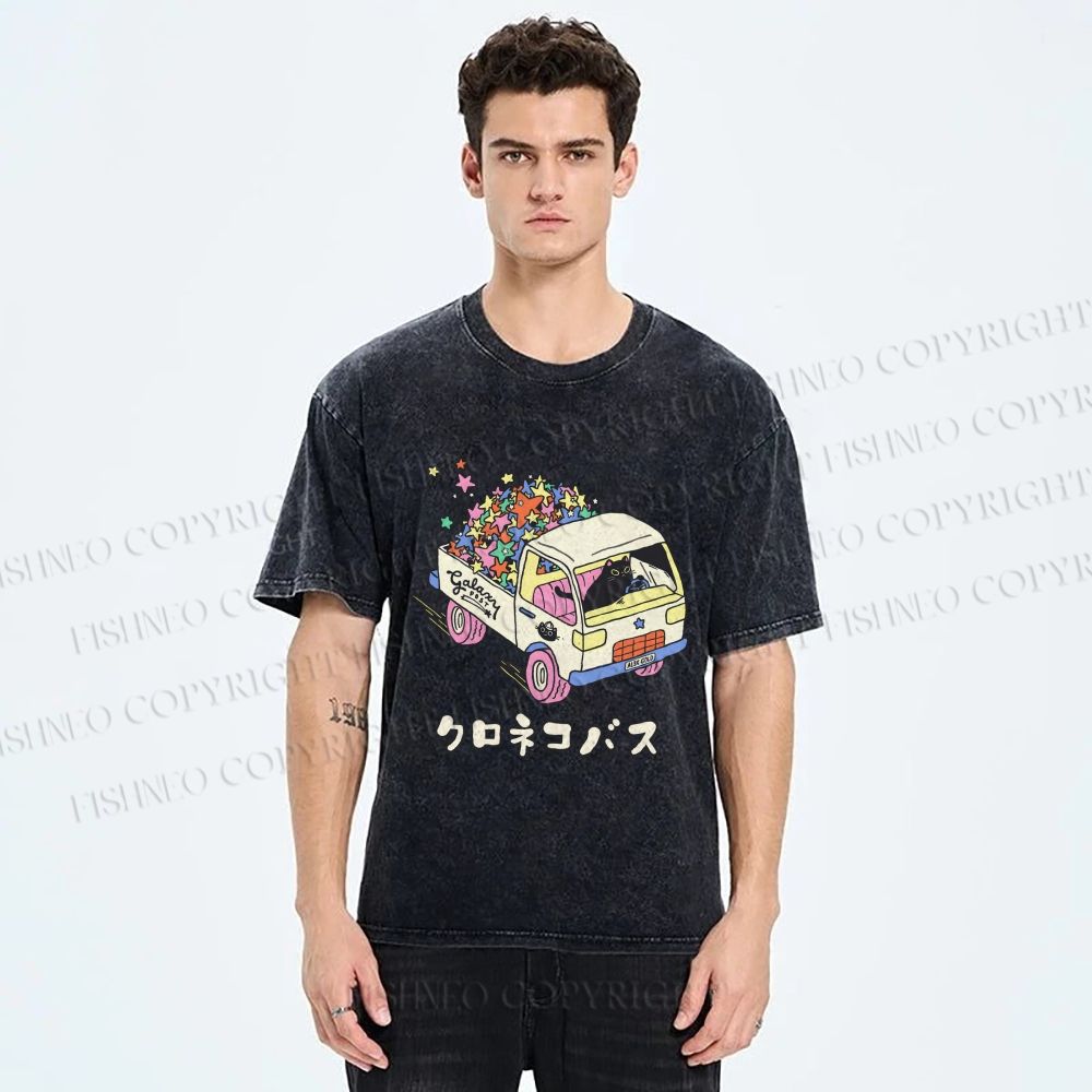Unisex Black Cat Delivers Stars Printed Washed Tee