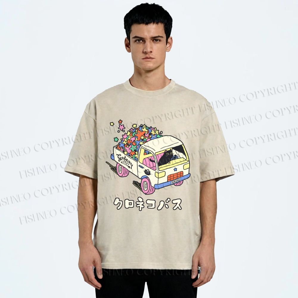 Unisex Black Cat Delivers Stars Printed Washed Tee