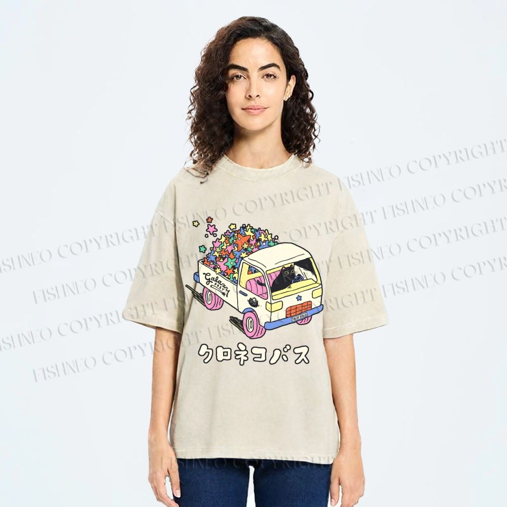 Unisex Black Cat Delivers Stars Printed Washed Tee