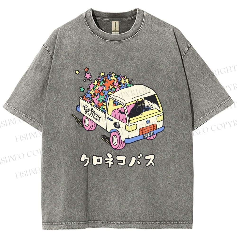 Unisex Black Cat Delivers Stars Printed Washed Tee