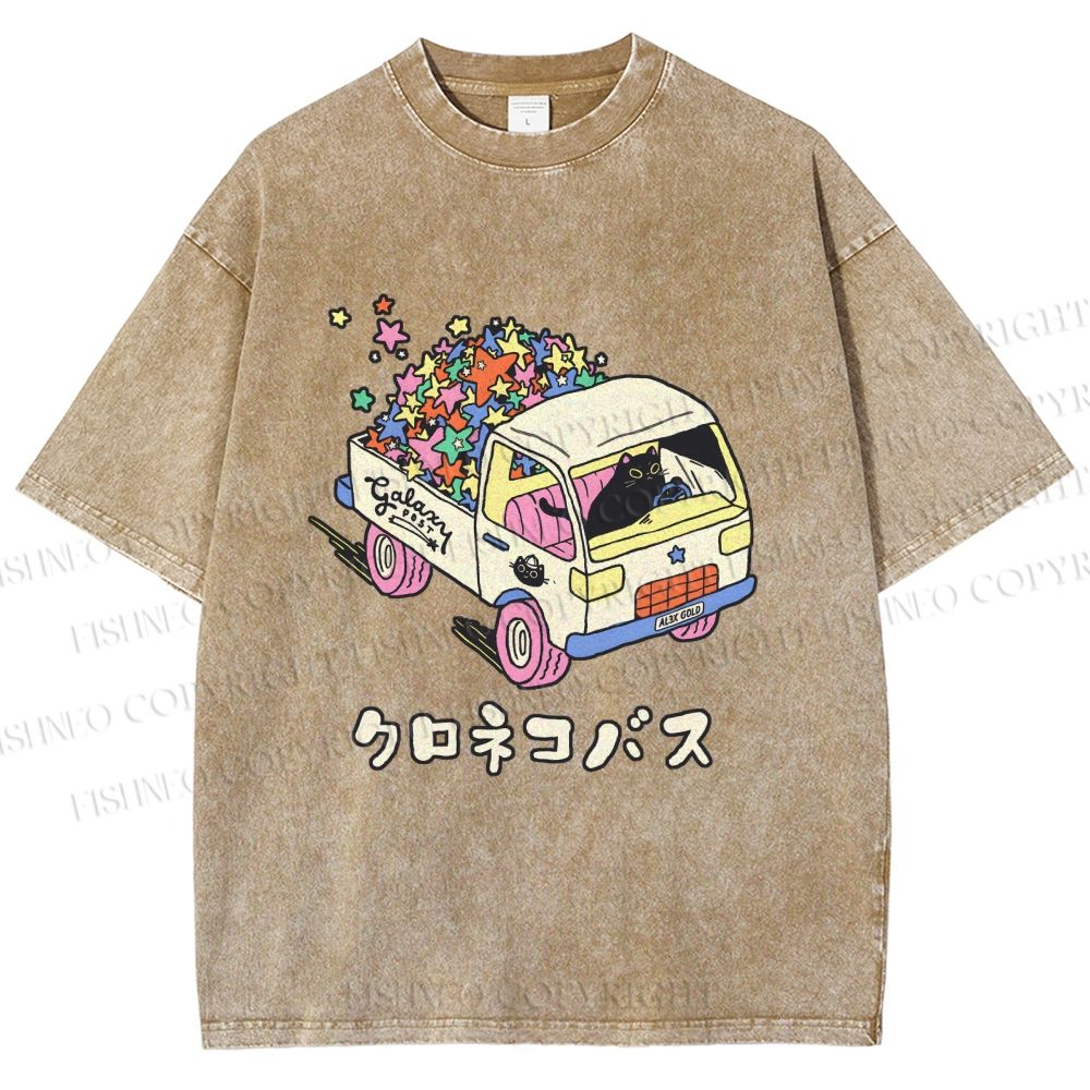 Unisex Black Cat Delivers Stars Printed Washed Tee