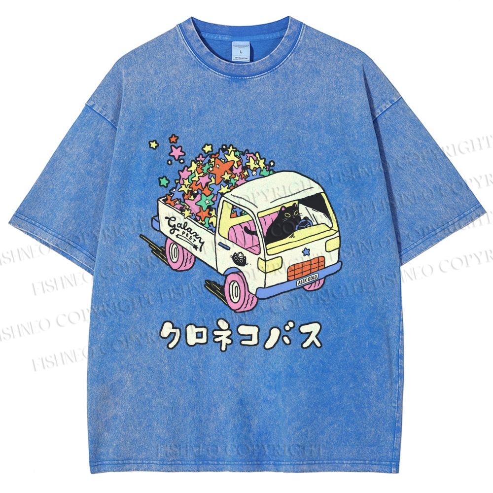Unisex Black Cat Delivers Stars Printed Washed Tee