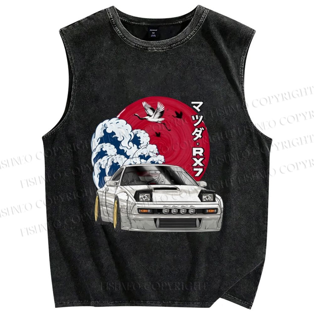 Unisex Japanese Racing Car Printed Washed Tank Top