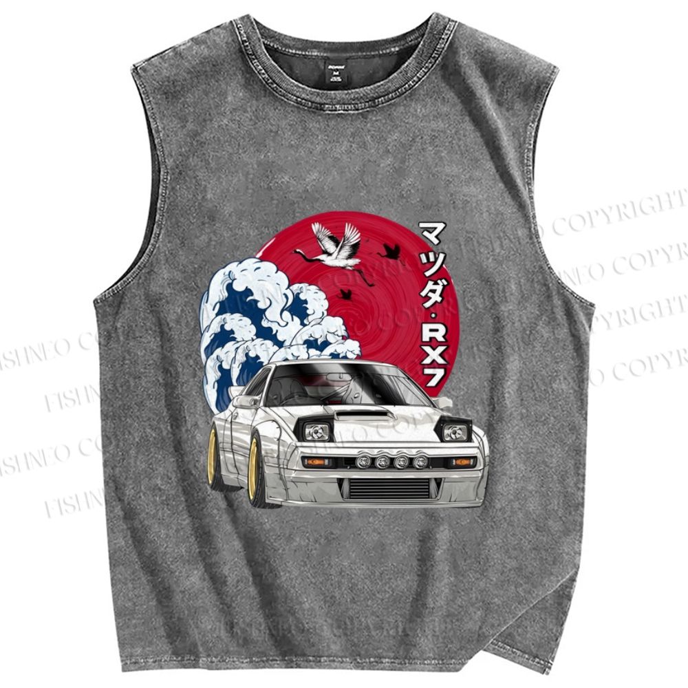Unisex Japanese Racing Car Printed Washed Tank Top