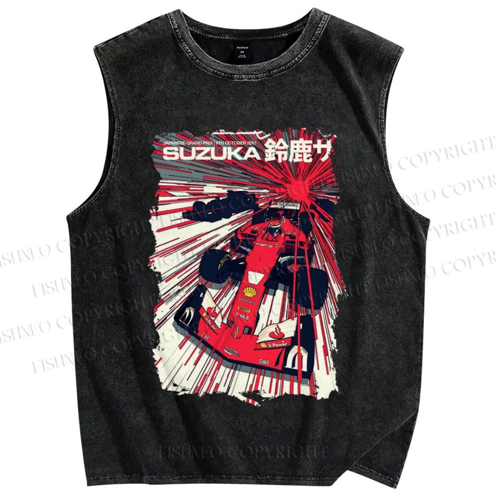 Unisex Japanese Racing Car Printed Washed Tank Top