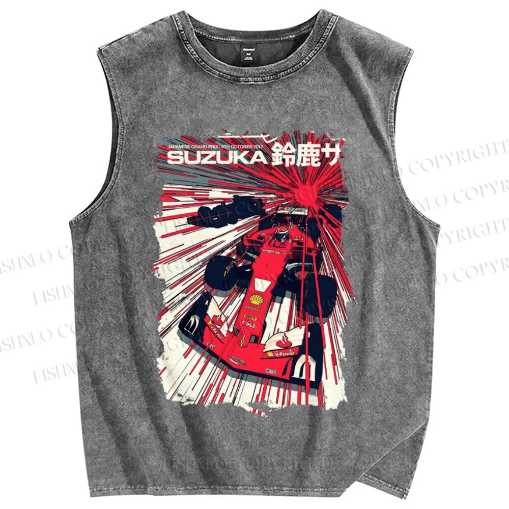 Unisex Japanese Racing Car Printed Washed Tank Top