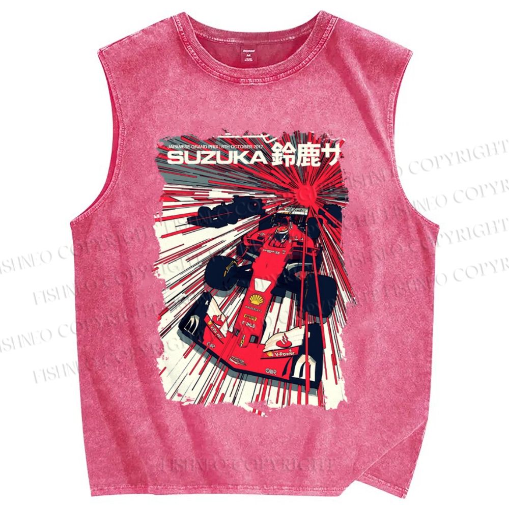 Unisex Japanese Racing Car Printed Washed Tank Top