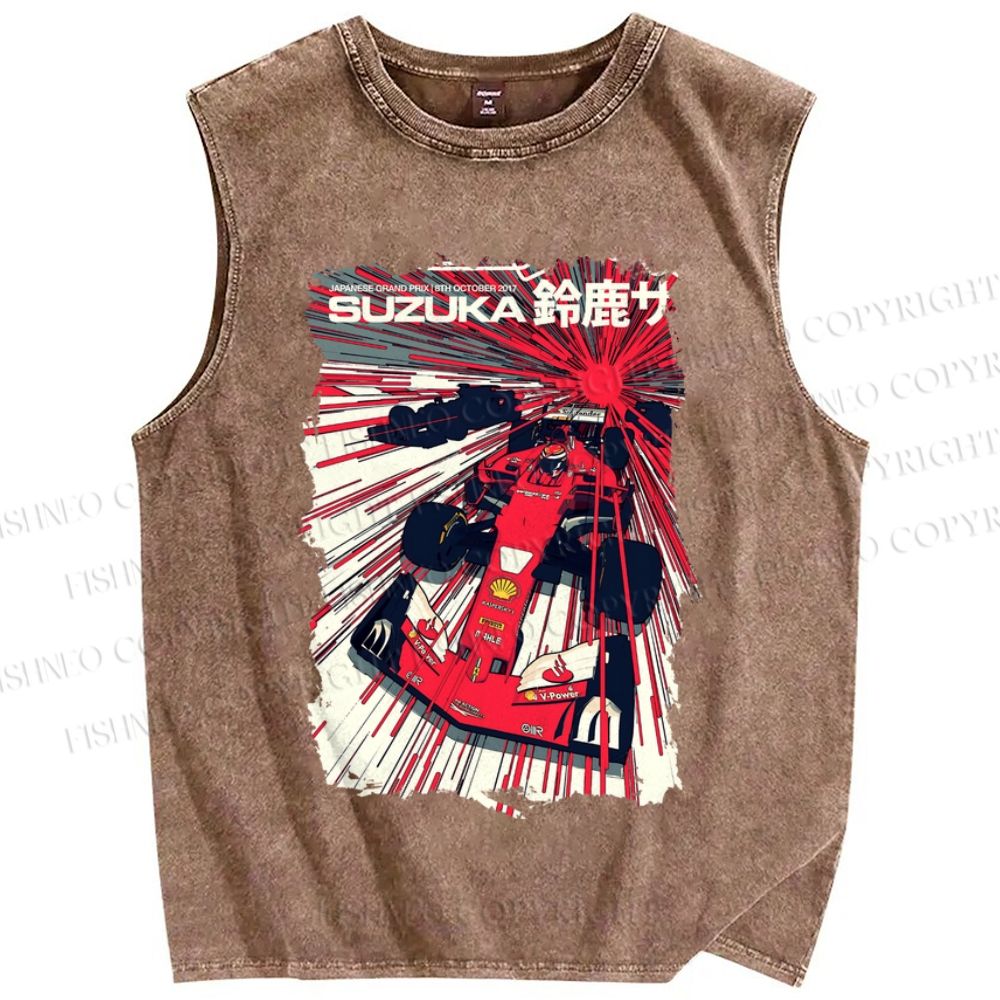 Unisex Japanese Racing Car Printed Washed Tank Top