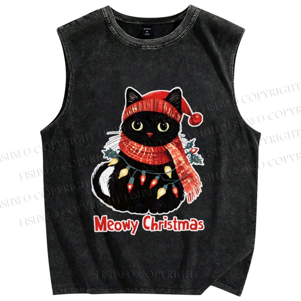 Unisex Black Car Meowy Christmas Printed Washed Tank Top