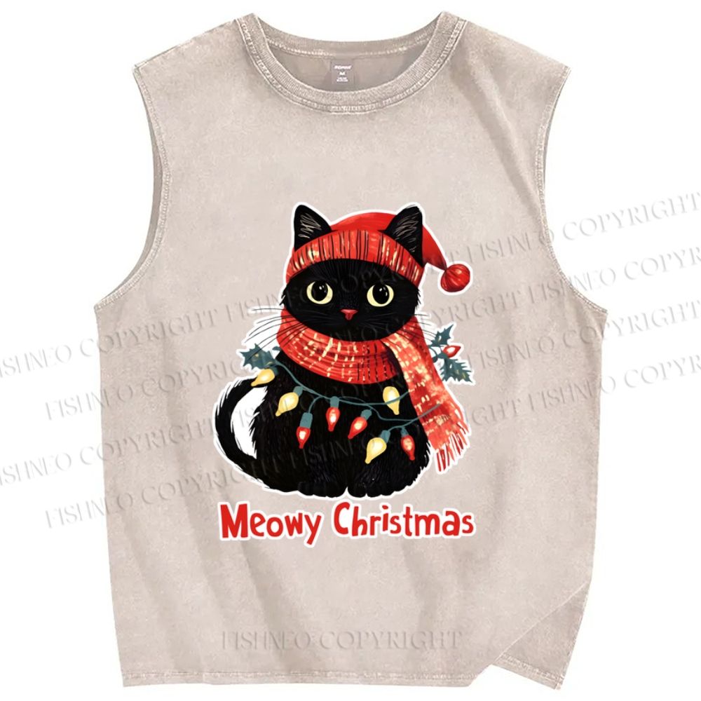 Unisex Black Car Meowy Christmas Printed Washed Tank Top