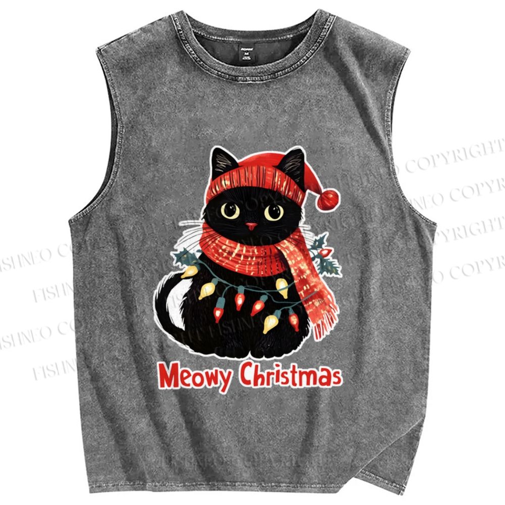 Unisex Black Car Meowy Christmas Printed Washed Tank Top