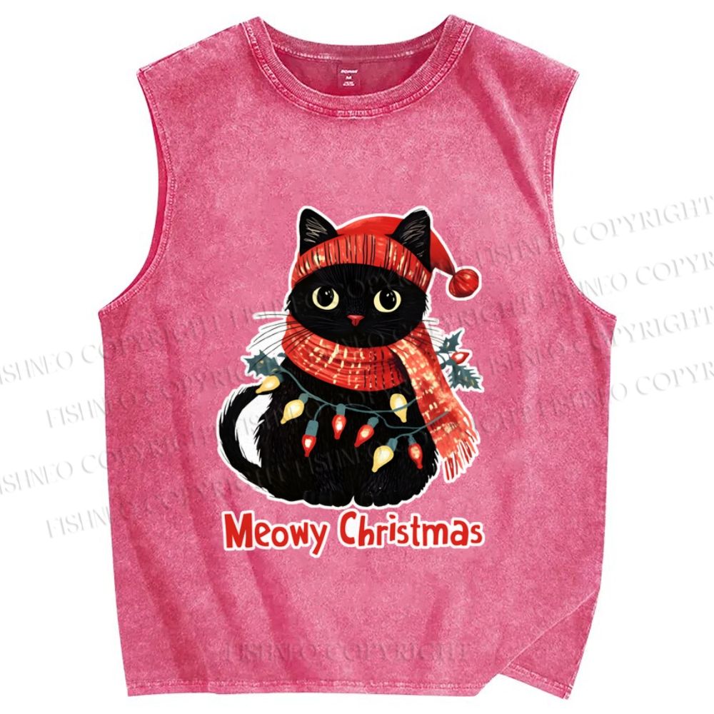 Unisex Black Car Meowy Christmas Printed Washed Tank Top