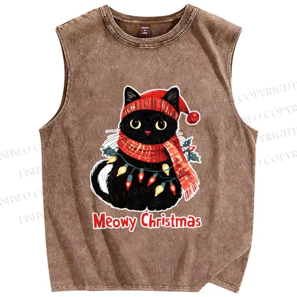 Unisex Black Car Meowy Christmas Printed Washed Tank Top