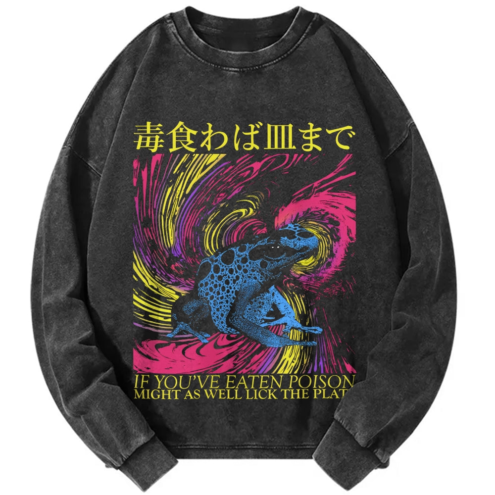 Unisex Frog Japanese Proverb Art Vintage Washed Sweatshirts