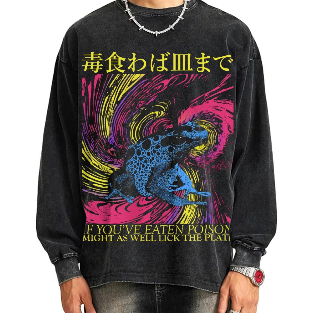 Unisex Frog Japanese Proverb Art Vintage Washed Sweatshirts