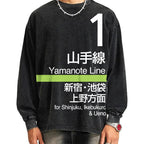 Unisex Yamanote Line Platform Sign Vintage Washed Sweatshirts