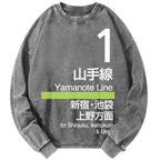 Unisex Yamanote Line Platform Sign Vintage Washed Sweatshirts