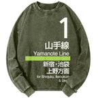 Unisex Yamanote Line Platform Sign Vintage Washed Sweatshirts