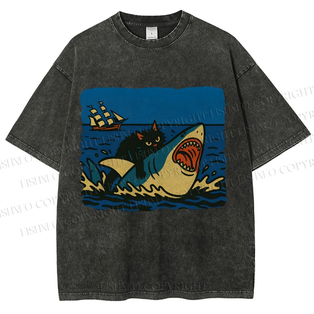 Unisex Jaws Don't Scare Me Black Cat Fight Shark Printed Washed Tee