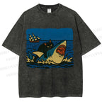 Unisex Jaws Don't Scare Me Black Cat Fight Shark Printed Washed Tee