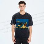 Unisex Jaws Don't Scare Me Black Cat Fight Shark Printed Washed Tee