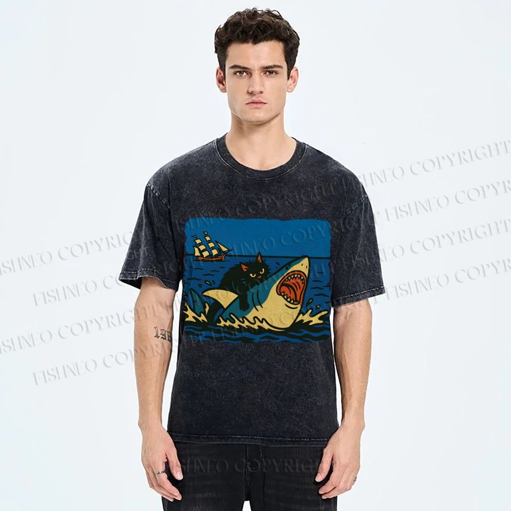 Unisex Jaws Don't Scare Me Black Cat Fight Shark Printed Washed Tee