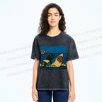 Unisex Jaws Don't Scare Me Black Cat Fight Shark Printed Washed Tee