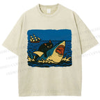 Unisex Jaws Don't Scare Me Black Cat Fight Shark Printed Washed Tee