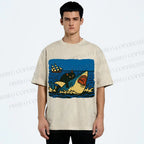 Unisex Jaws Don't Scare Me Black Cat Fight Shark Printed Washed Tee