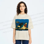 Unisex Jaws Don't Scare Me Black Cat Fight Shark Printed Washed Tee