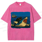 Unisex Jaws Don't Scare Me Black Cat Fight Shark Printed Washed Tee