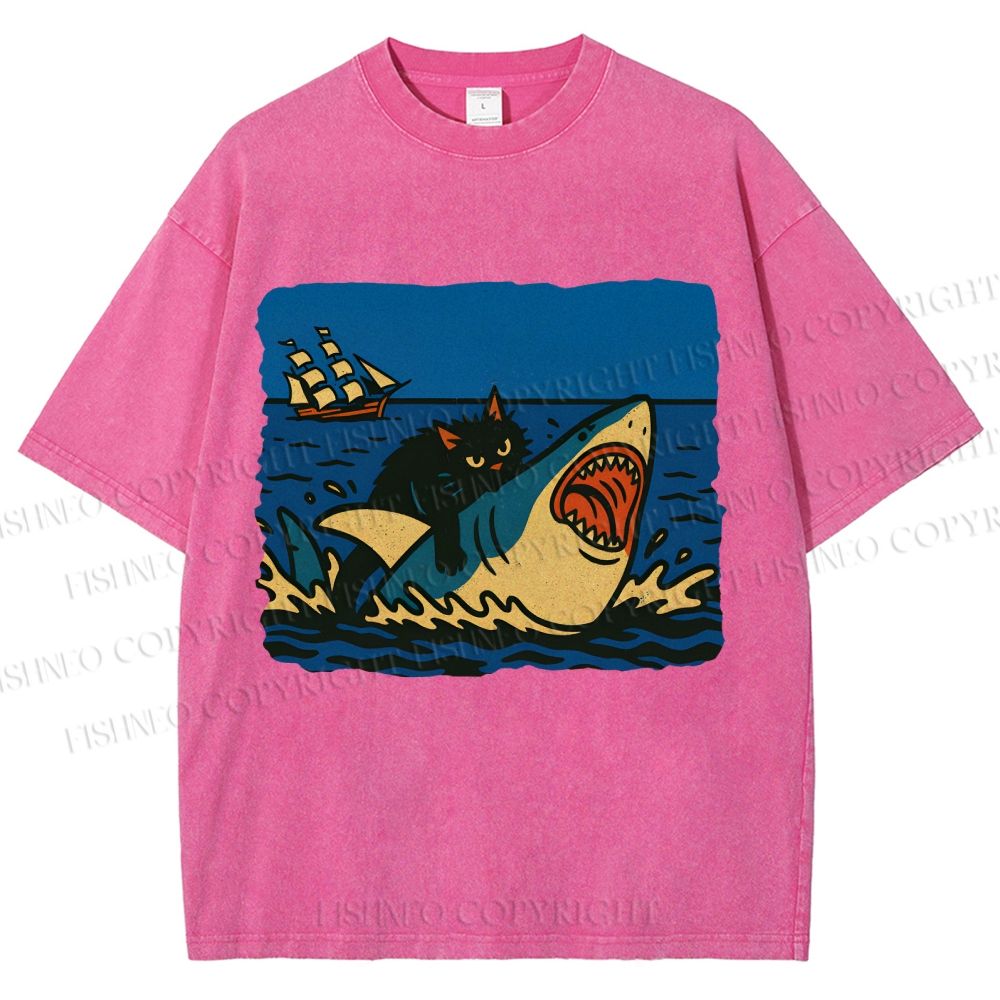 Unisex Jaws Don't Scare Me Black Cat Fight Shark Printed Washed Tee