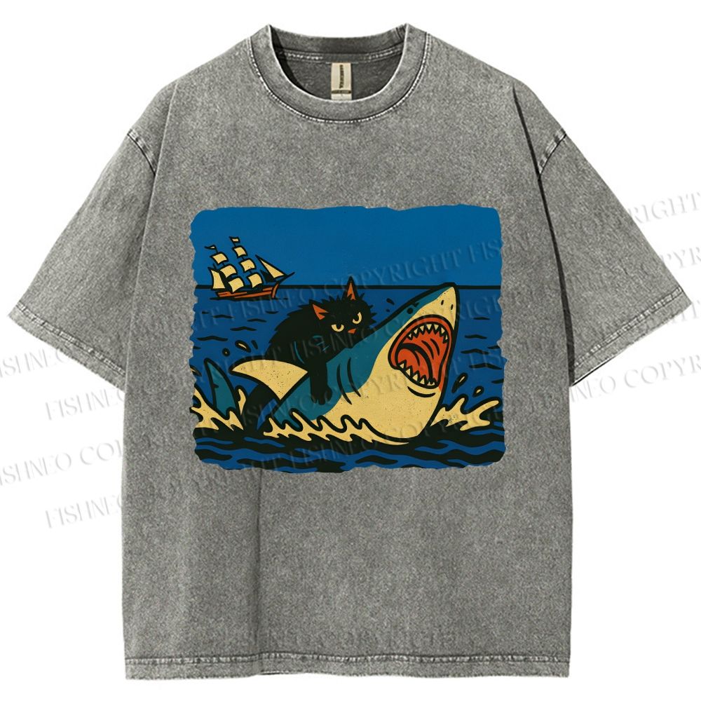 Unisex Jaws Don't Scare Me Black Cat Fight Shark Printed Washed Tee