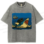 Unisex Jaws Don't Scare Me Black Cat Fight Shark Printed Washed Tee