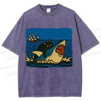 Unisex Jaws Don't Scare Me Black Cat Fight Shark Printed Washed Tee