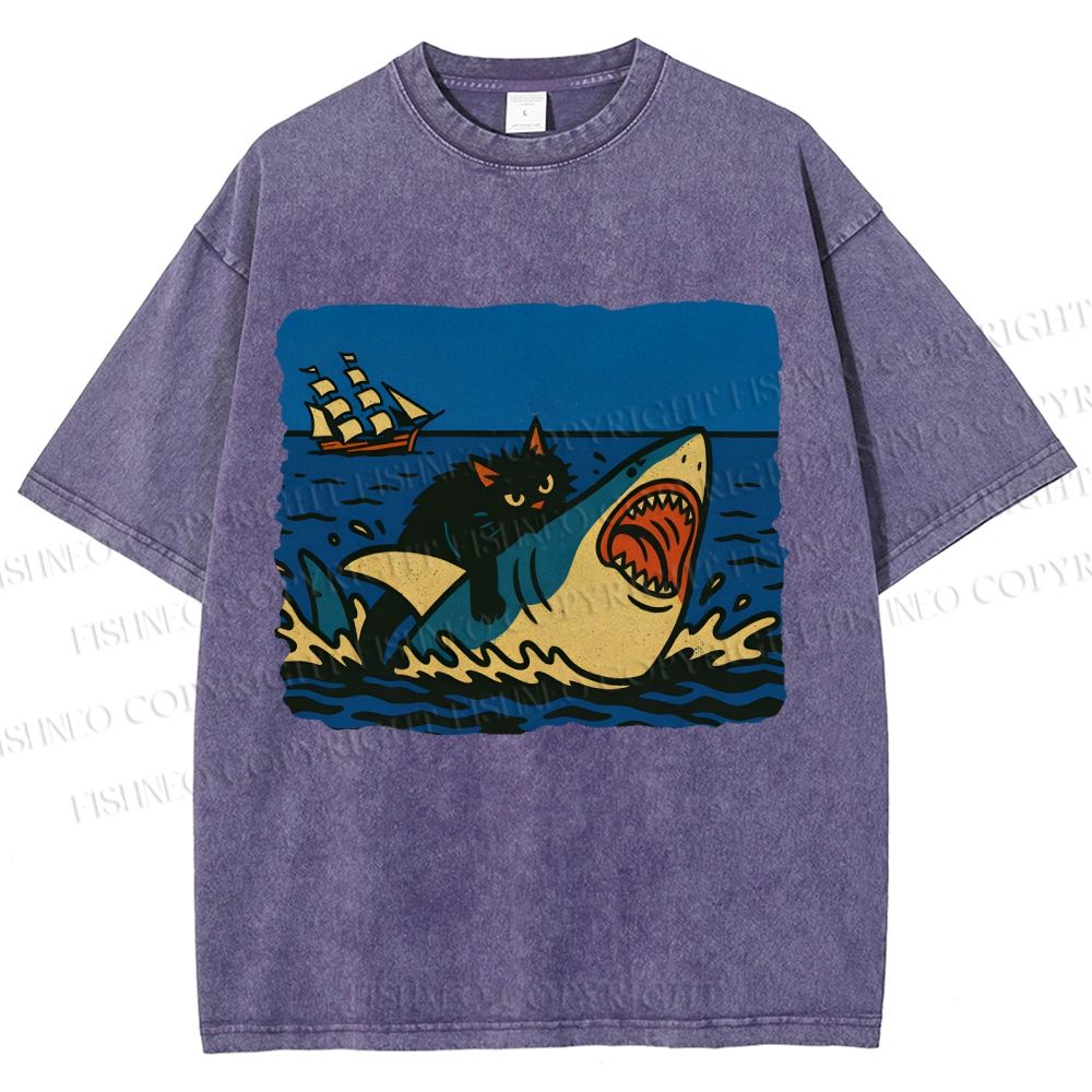 Unisex Jaws Don't Scare Me Black Cat Fight Shark Printed Washed Tee