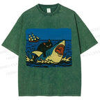 Unisex Jaws Don't Scare Me Black Cat Fight Shark Printed Washed Tee