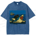Unisex Jaws Don't Scare Me Black Cat Fight Shark Printed Washed Tee