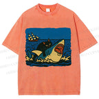 Unisex Jaws Don't Scare Me Black Cat Fight Shark Printed Washed Tee