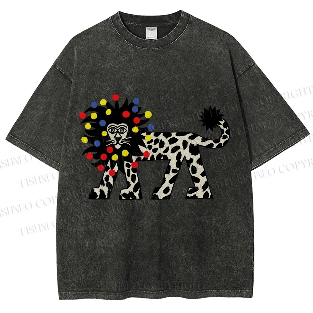 Unisex Funny Lion With Fairy Lights Printed Washed Tee
